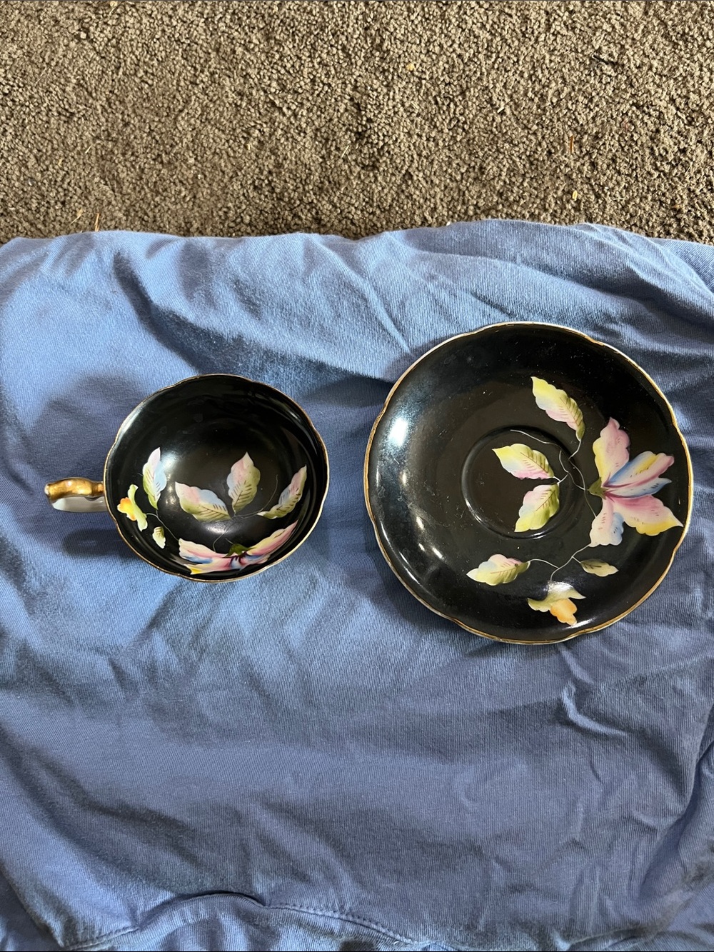 Chugai china occupied japan Hand-Painted Black Floral Teacup and Saucer Set